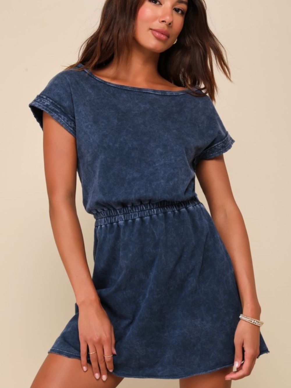 Lulus Definite Beauty Washed Dark Blue Short Sleeve Mini Dress - Size M